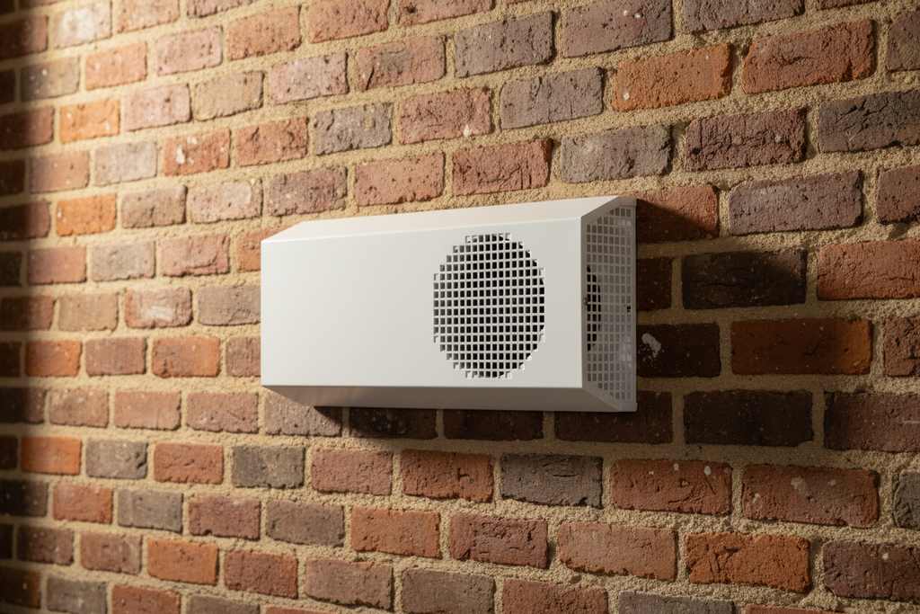 Grilă ventilație perete Ferrum Via montată pe perete cărămidă aparentă