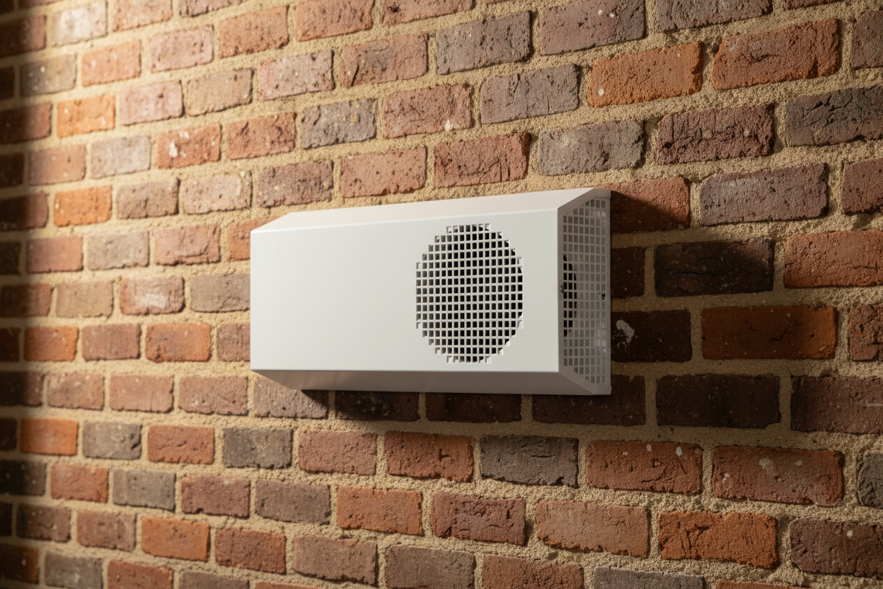 Grilă ventilație perete Ferrum Via montată pe perete cărămidă aparentă